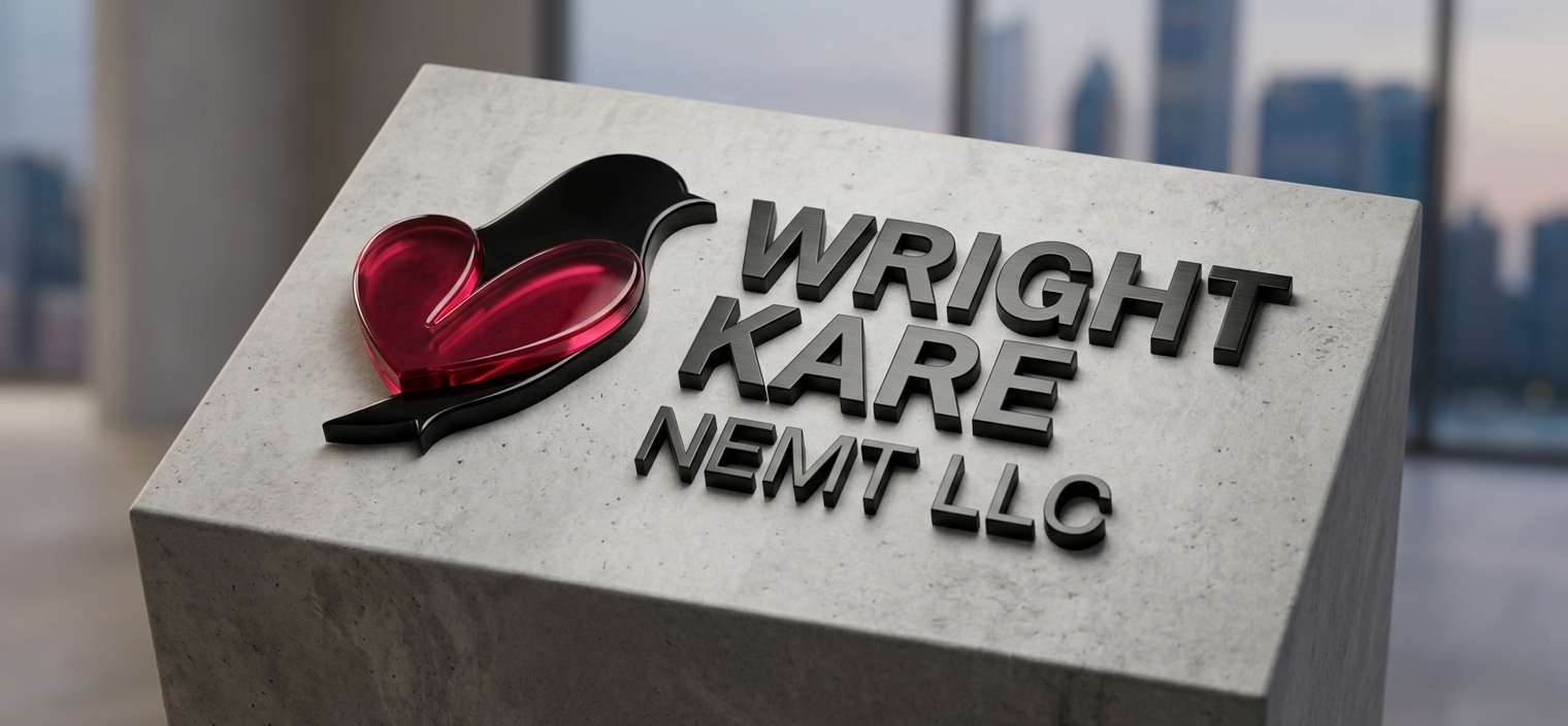 Wright Kare NEMT LLC logo displayed on a stone sign